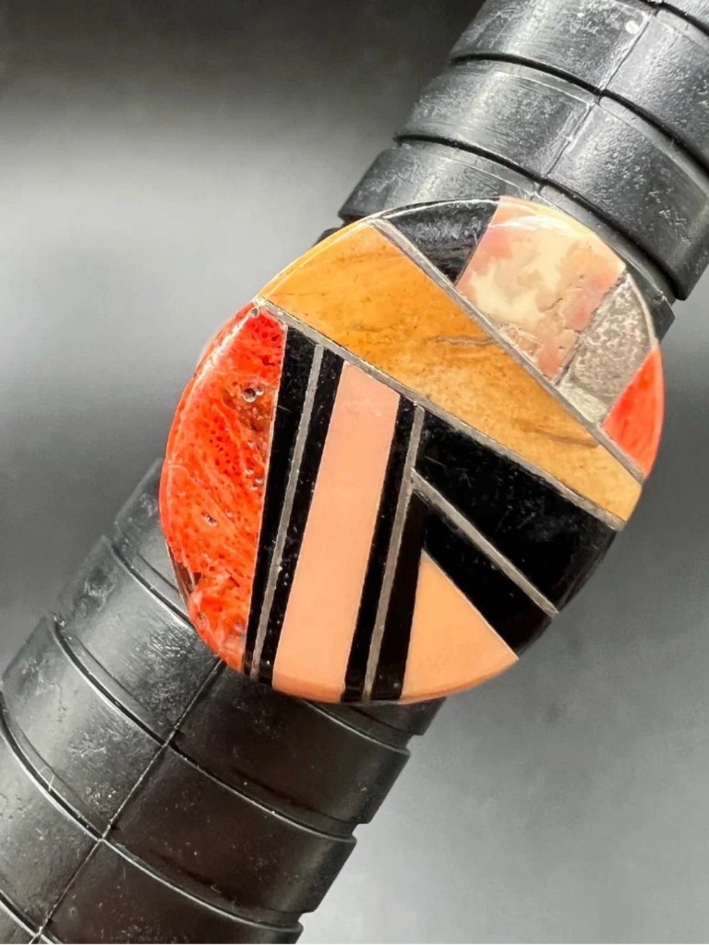 Navajo Ronald James Henry Inlay Ring Sterling Silver Signed RJJ Size 9 5.9g